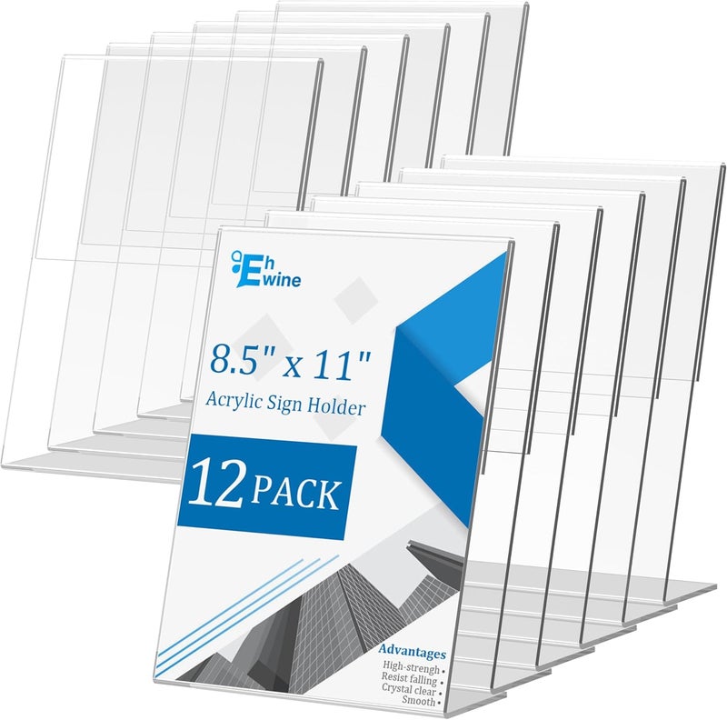 EHWINE 12 Pack Acrylic Sign Holder 8.5 x 11, L Shape Clear Plastic Display Stand, Slanted Back Picture Frame Menu Flyer Paper Display Stand up Table Top Sign Holders for Restaurant, Office and School - Image 1